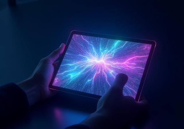 Display di un tablet che mostra un'opera d'arte digitale vibrante