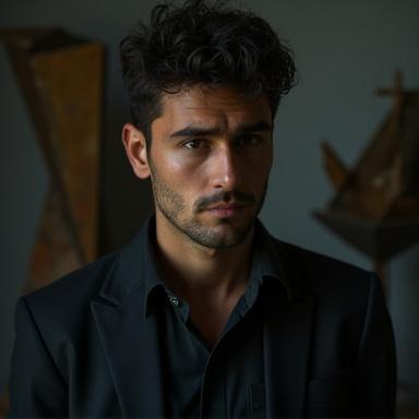 Ritratto di Marco Verdi, artista emergente italiano con background urbano e una scultura moderna