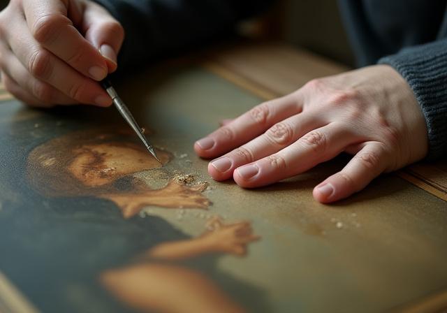 Un restauratore che lavora su un antico dipinto con strumenti di precisione