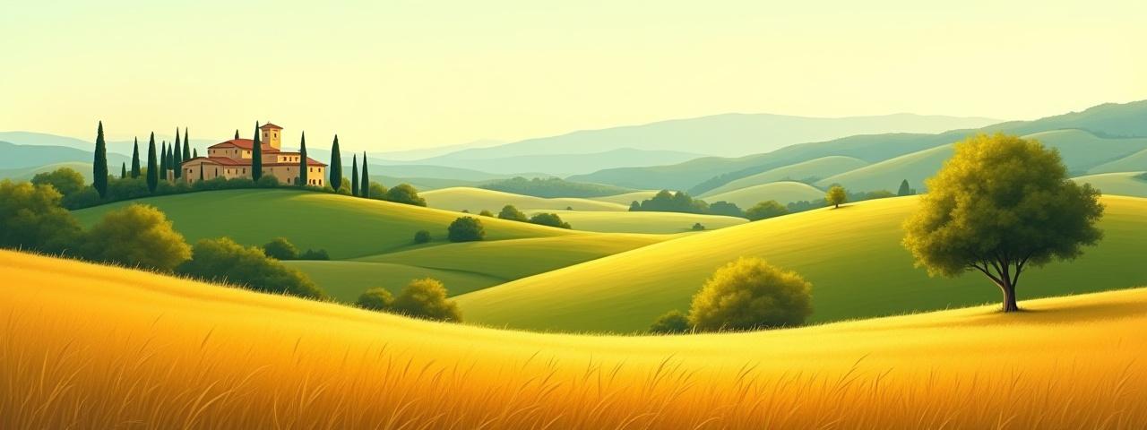 Banner della collezione 'Orizzonti Italiani', un paesaggio toscano con campi di grano e cipressi.