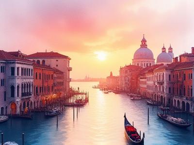 Acquerello di una veduta di Venezia al tramonto con gondole e palazzi antichi.