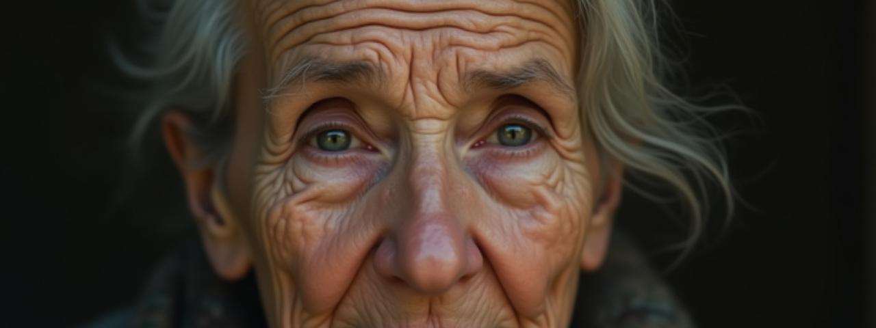 Banner della collezione 'Volti e Anime', un ritratto iperrealista di una donna anziana con uno sguardo profondo.
