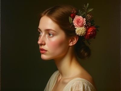 Pittura a olio di una giovane donna con fiori nei capelli, stile rinascimentale.