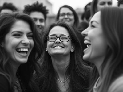 Fotografia artistica in bianco e nero di un gruppo di persone che ridono spontaneamente.