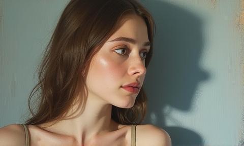 Ritratti di una giovane donna con espressione pensierosa dell'artista Sofia Verdi, in stile figurativo