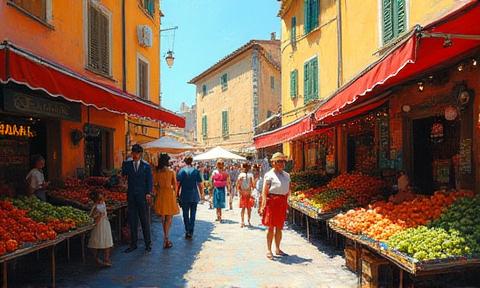 Un vivace quadro a olio che raffigura un mercato cittadino italiano, pieno di vita e colore, stile post-impressionista, dell'artista Pietro Gallo
