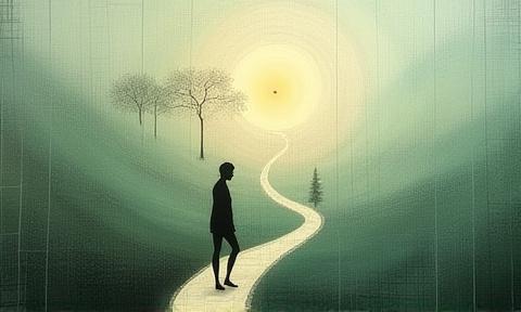 Opera di tecniche miste raffigurante una figura stilizzata che cammina in un paesaggio onirico, colori tenui e texture materiche, dell'artista Silvia Greco