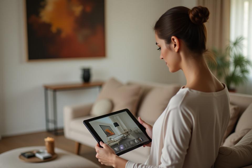 Donna che naviga una galleria d'arte online su un tablet in un ambiente elegante